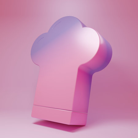 Purple-pink Chef hat icon isolated on pink background. Cooking symbol. Cooks hat. Minimalism concept. 3D render illustration.の写真素材
