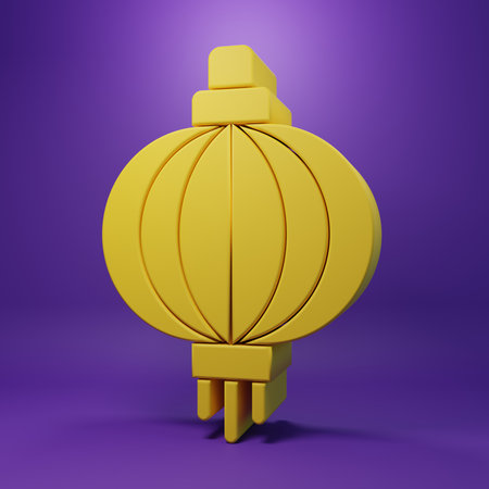Yellow Japanese paper lantern icon isolated on purple background. Minimalism concept. 3D render illustration.の写真素材