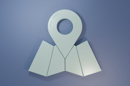 Gray Folded map with location marker icon isolated on purple-blue background. Minimalism concept. 3D...