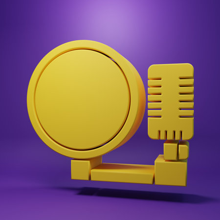 Yellow Microphone icon isolated on purple background. On air radio mic microphone. Speaker sign. Minimalism concept. 3D render illustration.の写真素材