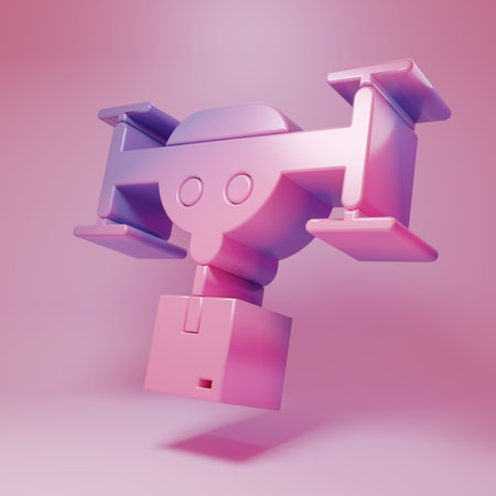 Purple-pink Delivery drone with the package icon isolated on pink background. Drone delivering cardboard box. Minimalism concept. 3D render illustration.の写真素材