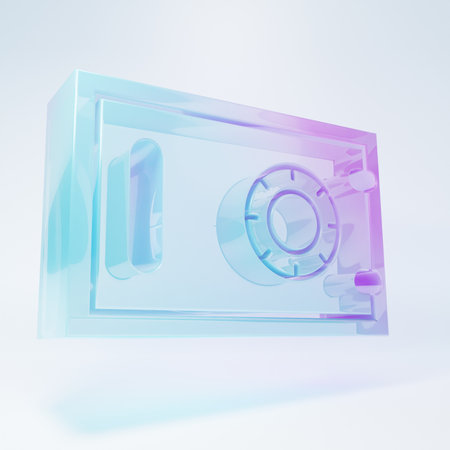 Frosted glass Safe icon isolated on white background. The door safe a bank vault with a combination lock. Reliable Data Protection. Minimalism concept. 3D render illustration.の写真素材
