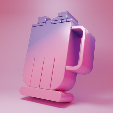 Purple-pink Hot chocolate cup with marshmallows icon isolated on pink background. Merry Christmas and Happy New Year. Minimalism concept. 3D render illustration.の写真素材