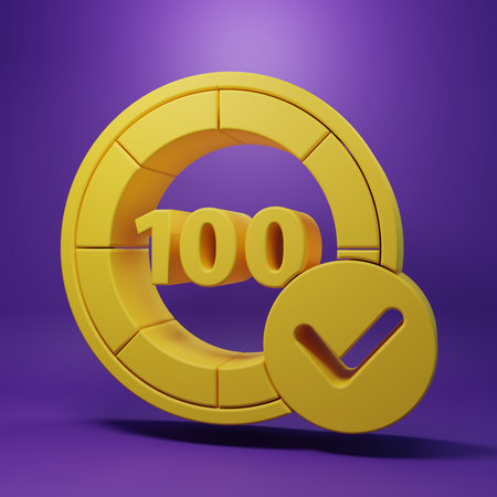 Yellow 100 icon isolated on purple background. Minimalism concept. 3D render illustration.の写真素材