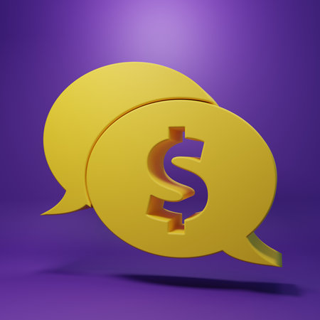 Yellow Speech bubble with dollar icon isolated on purple background. Badge for price. Sale with dollar symbol. Promo tag discount. Minimalism concept. 3D render illustration.の写真素材