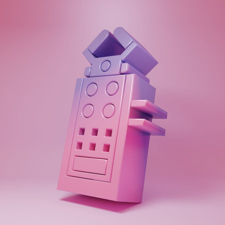Purple-pink Microphone icon isolated on pink background. Speaker sign. Minimalism concept. 3D render illustration.の写真素材