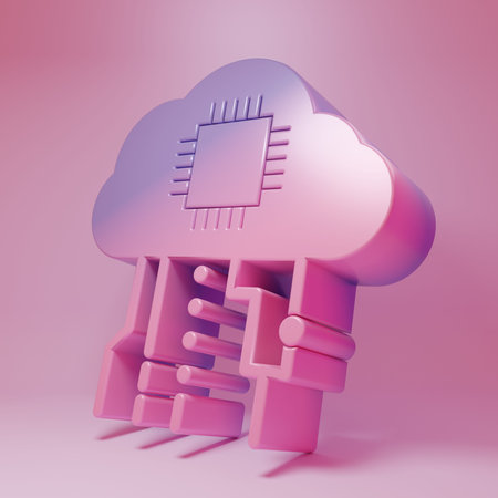 Purple-pink Internet of things icon isolated on pink background. Cloud computing design concept....