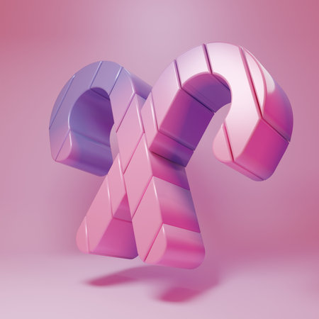 Purple-pink Christmas candy cane with stripes icon isolated on pink background. Merry Christmas and Happy New Year. Minimalism concept. 3D render illustration.の写真素材