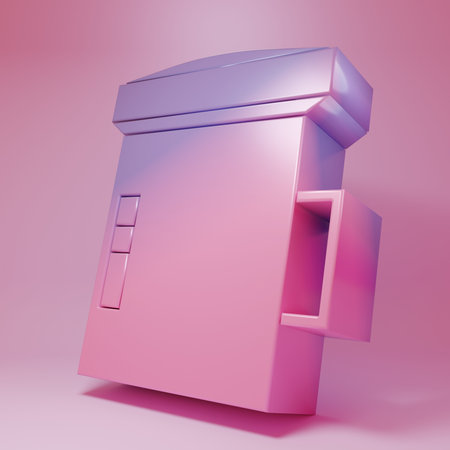 Purple-pink flashlight icon isolated on pink background. Diving underwater equipment. Minimalism concept. 3D render illustration.の写真素材