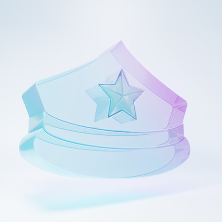 Frosted glass Police cap with cockade icon isolated on white background. Police hat sign. Minimalism concept. 3D render illustration.の写真素材