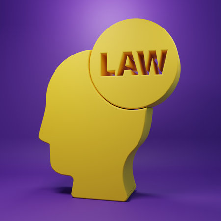Yellow Head with law icon isolated on purple background. Minimalism concept. 3D render illustration.の写真素材