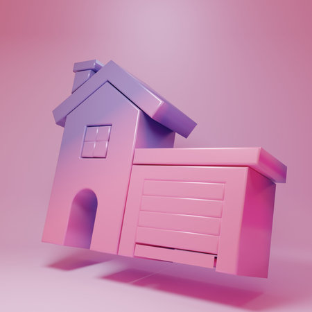Purple-pink House icon isolated on pink background. Home symbol. Minimalism concept. 3D render illustration.の写真素材