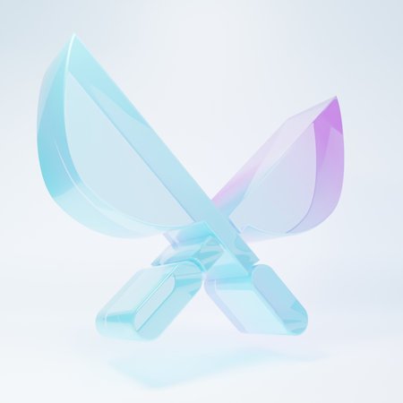 Frosted glass Gardening handmade scissors for trimming icon isolated on white background. Pruning shears with wooden handles. Minimalism concept. 3D render illustration.の写真素材