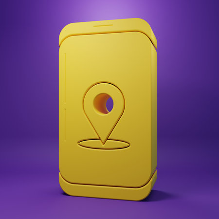 Yellow Infographic of city map navigation icon isolated on purple background. Mobile App Interface concept design. Geolocation concept. Minimalism concept. 3D render illustration.の写真素材