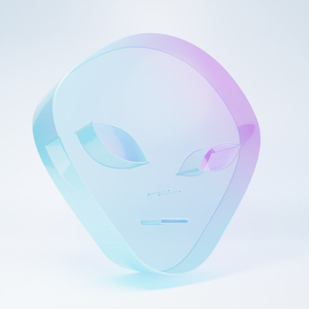 Frosted glass Alien icon isolated on white background. Extraterrestrial alien face or head symbol. Minimalism concept. 3D render illustration.の写真素材