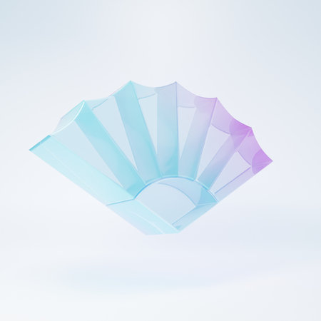 Frosted glass Traditional paper chinese or japanese folding fan icon isolated on white background. Minimalism concept. 3D render illustration.の写真素材