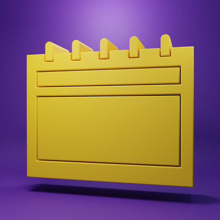 Yellow Calendar icon isolated on purple background. Event reminder symbol. Minimalism concept. 3D render illustration.の写真素材