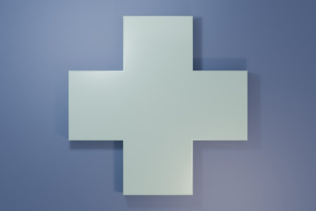 Gray Cross medical icon isolated on purple-blue background. First aid. Diagnostics symbol. Medicine and pharmacy sign. Minimalism concept. 3D render illustration.の写真素材