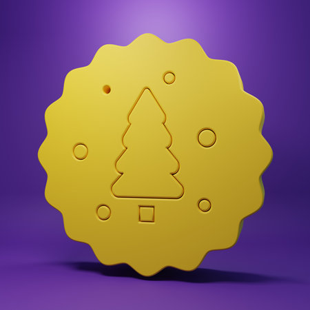 Yellow Cookie or biscuit icon isolated on purple background. Minimalism concept. 3D render illustration.の写真素材