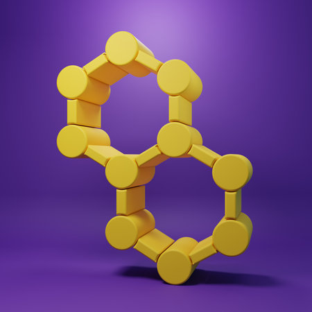 Yellow Molecule icon isolated on purple background. Structure of molecules in chemistry, science teachers innovative educational poster. Minimalism concept. 3D render illustration.の写真素材