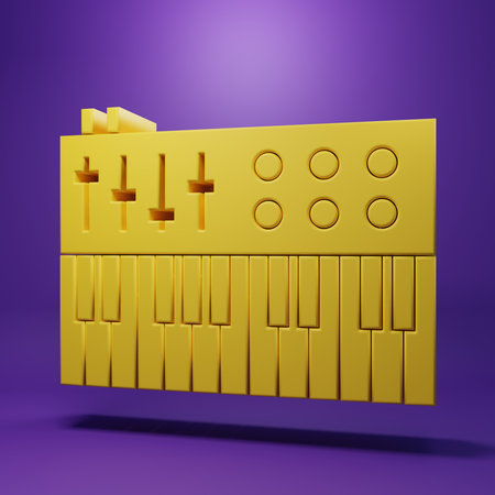 Yellow Music synthesizer icon isolated on purple background. Electronic piano. Minimalism concept. 3D render illustration.の写真素材
