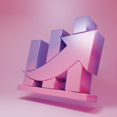 Purple-pink Financial growth and coin icon isolated on pink background. Increasing revenue. Minimalism concept. 3D render illustration.の写真素材
