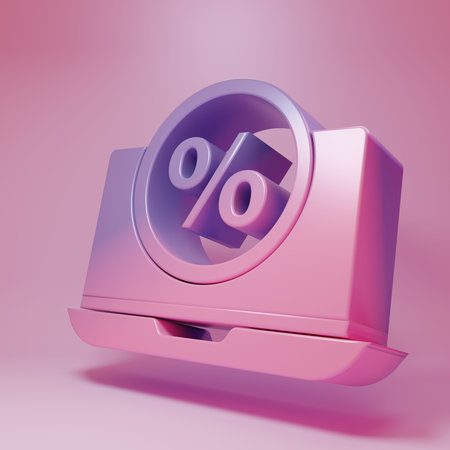 Purple-pink Percent symbol discount and laptop icon isolated on pink background. Sale percentage - price label, tag. Minimalism concept. 3D render illustration.の写真素材