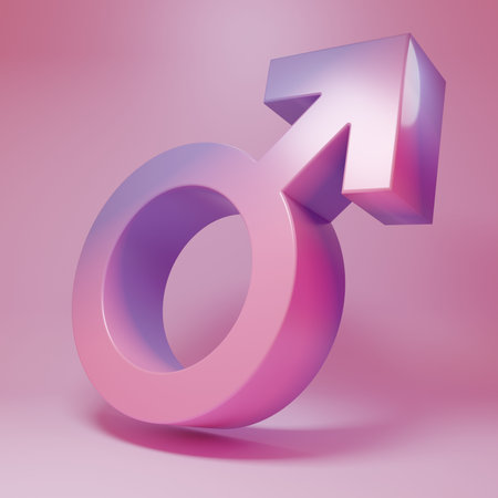 Purple-pink Male gender symbol icon isolated on pink background. Minimalism concept. 3D render illustration.の写真素材
