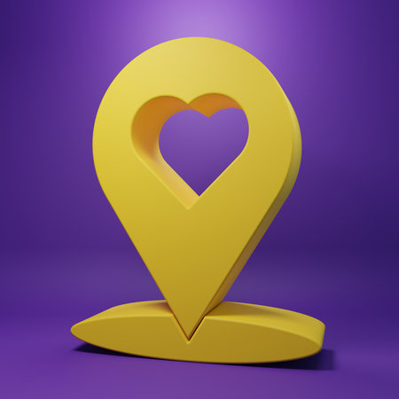 Yellow Map pointer with heart icon isolated on purple background. Valentines day. Love location. Romantic map pin. Minimalism concept. 3D render illustration.の写真素材