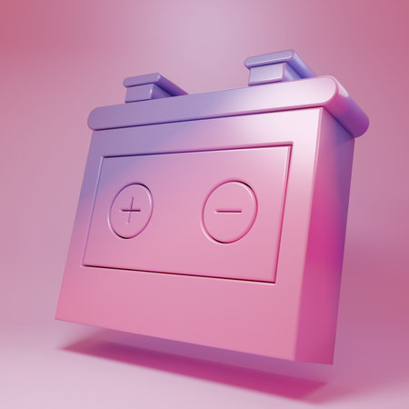 Purple-pink Car battery icon isolated on pink background. Accumulator battery energy power and electricity accumulator battery. Minimalism concept. 3D render illustration.の写真素材