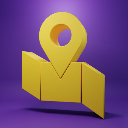 Yellow Folded map with location marker icon isolated on purple background. Minimalism concept. 3D render illustration.の写真素材