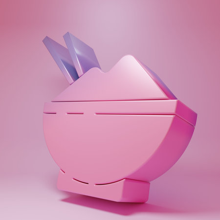Purple-pink Rice in a bowl with chopstick icon isolated on pink background. Traditional Asian food. Minimalism concept. 3D render illustration.の写真素材