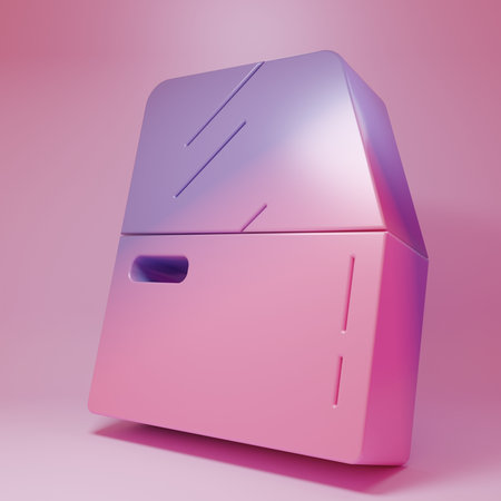 Purple-pink door icon isolated on pink background. Minimalism concept. 3D render illustration.の写真素材
