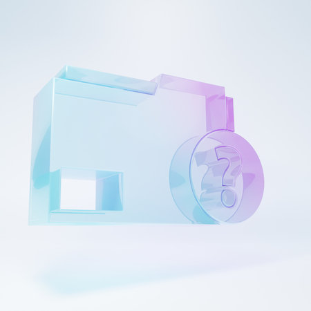 Frosted glass Unknown document folder icon isolated on white background. File with Question mark. Hold report, service and global search sign. Minimalism concept. 3D render illustration.の写真素材