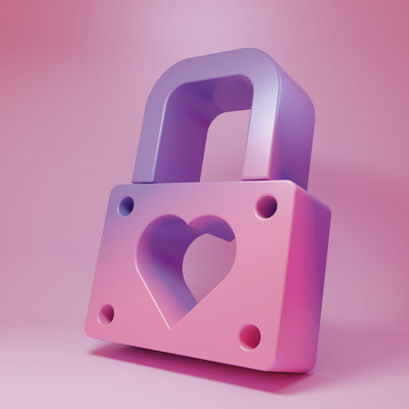 Purple-pink Lock and heart icon isolated on pink background. Locked Heart. Love symbol and keyhole sign. Valentines day symbol. Minimalism concept. 3D render illustration.の写真素材