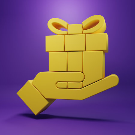Yellow Gift box in hand icon isolated on purple background. Merry Christmas and Happy New Year. Minimalism concept. 3D render illustration.の写真素材
