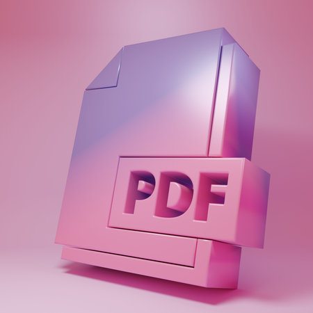 Purple-pink PDF file document. Download pdf button icon isolated on pink background. PDF file symbol. Minimalism concept. 3D render illustration.の写真素材
