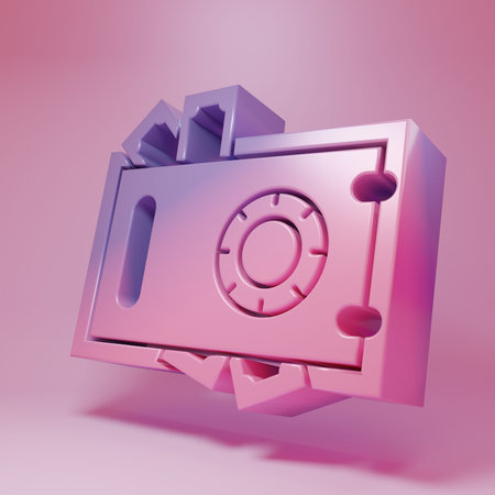 Purple-pink Safe and money icon isolated on pink background. The door safe a bank vault with a combination lock. Reliable Data Protection. Minimalism concept. 3D render illustration.の写真素材