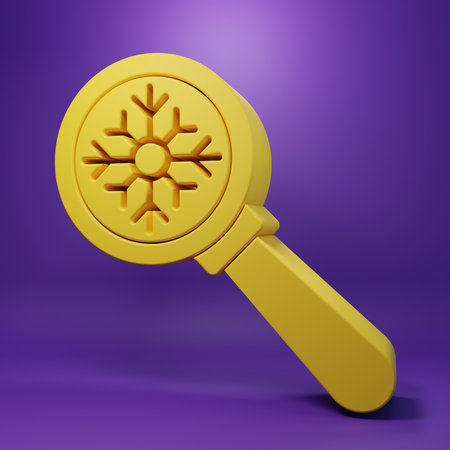 Yellow Magnifying glass with snowflake icon isolated on purple background. Minimalism concept. 3D render illustration.の写真素材