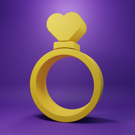 Yellow Wedding rings icon isolated on purple background. Bride and groom jewelry sign. Marriage...