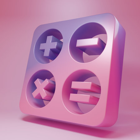 Purple-pink Calculator icon isolated on pink background. Accounting symbol. Business calculations mathematics education and finance. Minimalism concept. 3D render illustration.の写真素材