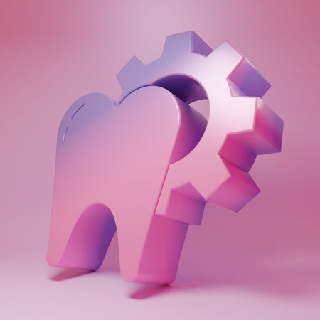 Purple-pink Tooth treatment procedure icon isolated on pink background. Tooth repair with gear. Minimalism concept. 3D render illustration.の写真素材