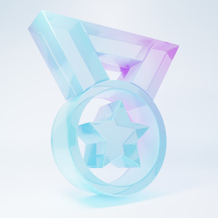 Frosted glass Medal icon isolated on white background. Winner symbol. Minimalism concept. 3D render illustration.の写真素材
