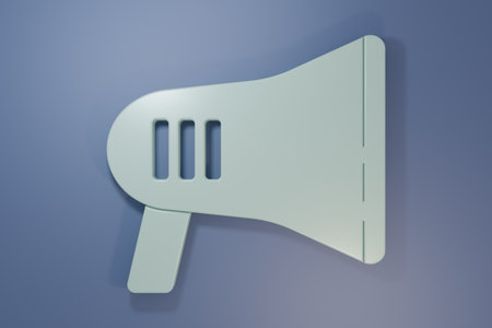 Gray Megaphone icon isolated on purple-blue background. Loud speech alert concept. Bullhorn for Mouthpiece scream promotion. Minimalism concept. 3D render illustration.の写真素材