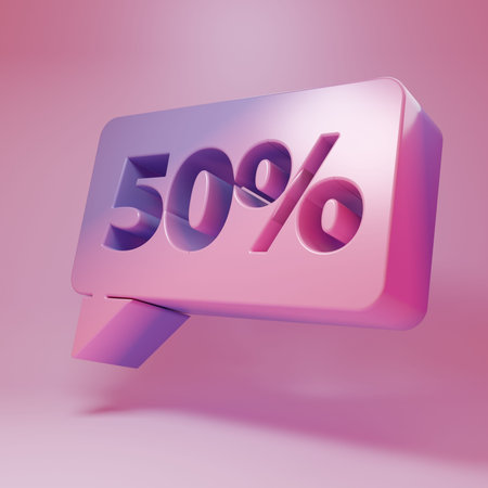 Purple-pink Fifty discount percent tag icon isolated on pink background. Shopping tag sign. Special...
