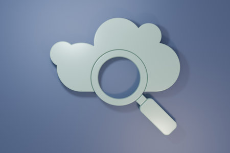 Gray Search cloud computing icon isolated on purple-blue background. Magnifying glass and cloud. Minimalism concept. 3D render illustration.の写真素材