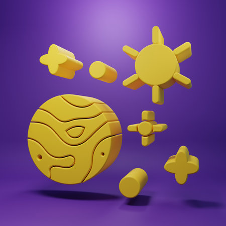 Yellow Space and planet icon isolated on purple background. Planets surface with craters, stars and comets. Minimalism concept. 3D render illustration.の写真素材