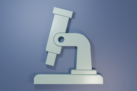 Gray Microscope icon isolated on purple-blue background. Chemistry, pharmaceutical instrument, microbiology magnifying tool. Minimalism concept. 3D render illustration.の写真素材