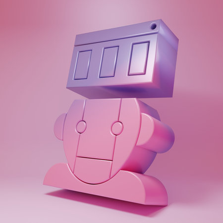 Purple-pink Robot icon isolated on pink background. Minimalism concept. 3D render illustration.の写真素材