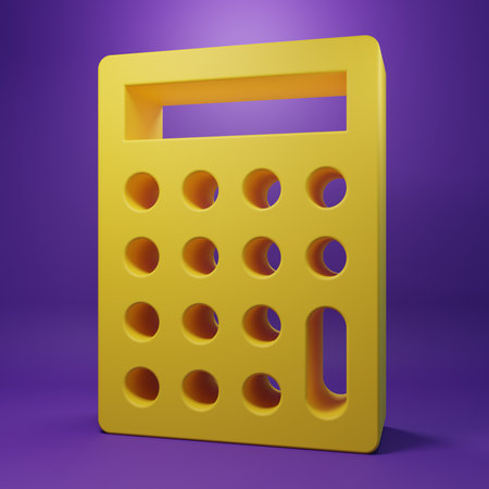 Yellow Calculator icon isolated on purple background. Accounting symbol. Business calculations mathematics education and finance. Minimalism concept. 3D render illustration.の写真素材